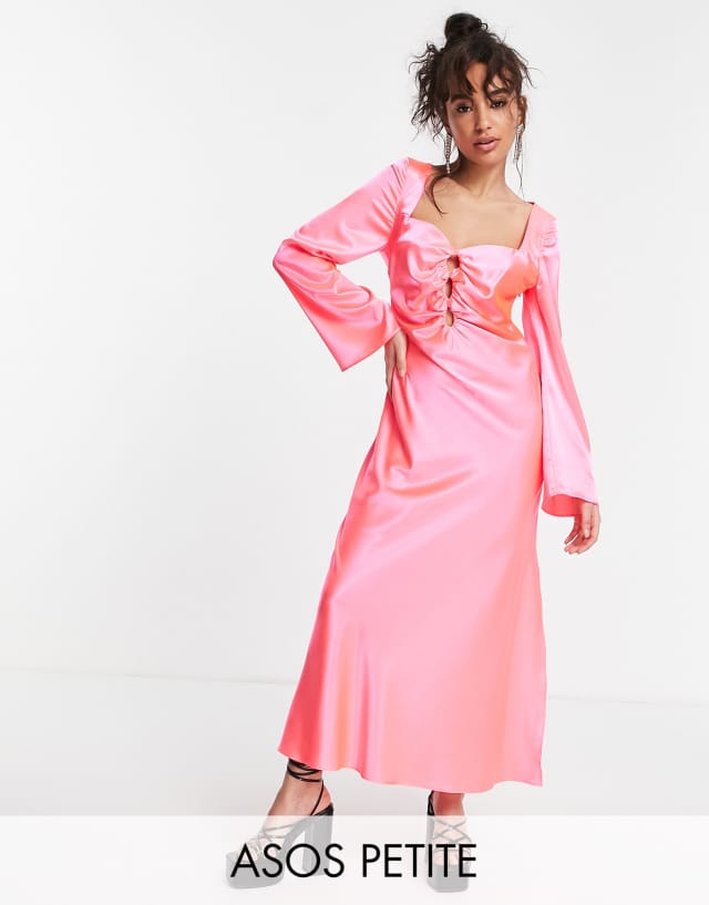 ASOS DESIGN Petite cutout satin midi tea dress in hot pink