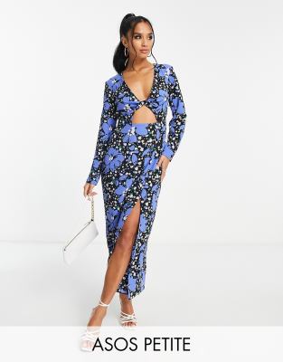 ASOS DESIGN Petite cutout twist midi tea dress in blue floral print-Multi