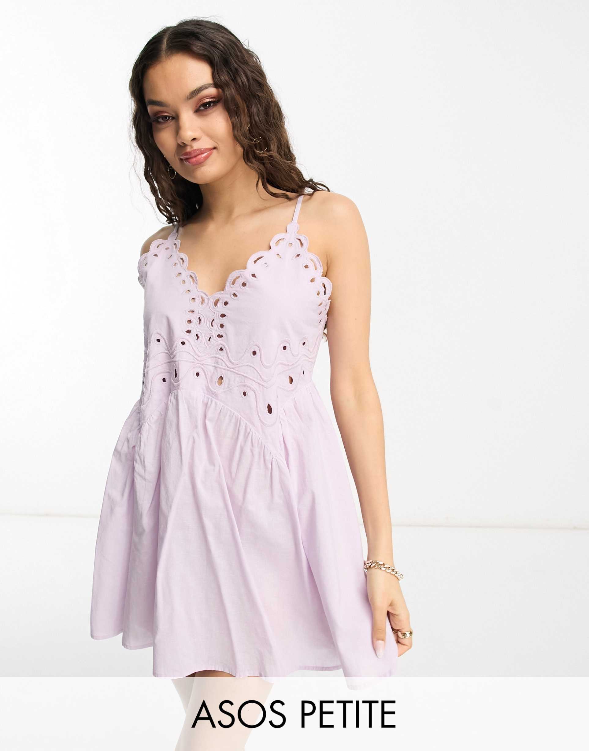 asos design petite cutwork detail mini smock sundress in lilac