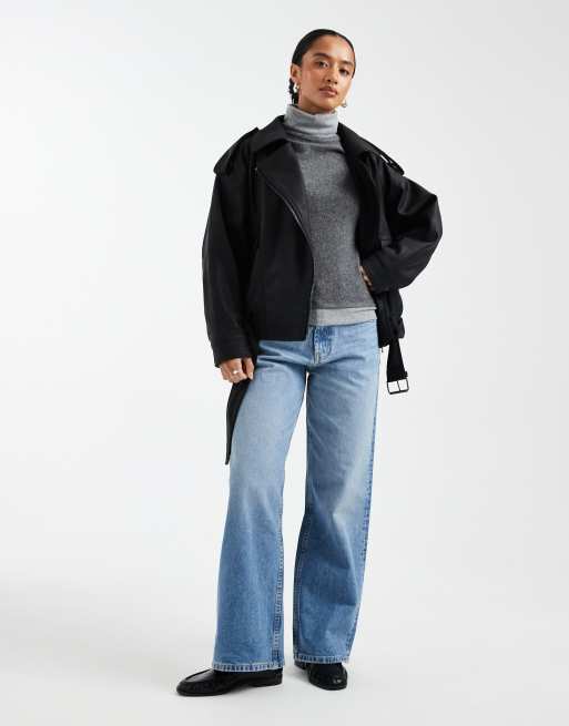 ASOS DESIGN Petite – Czarna kurtka oversize w stylu motocyklowym z imitacji skóry, 4 z 4