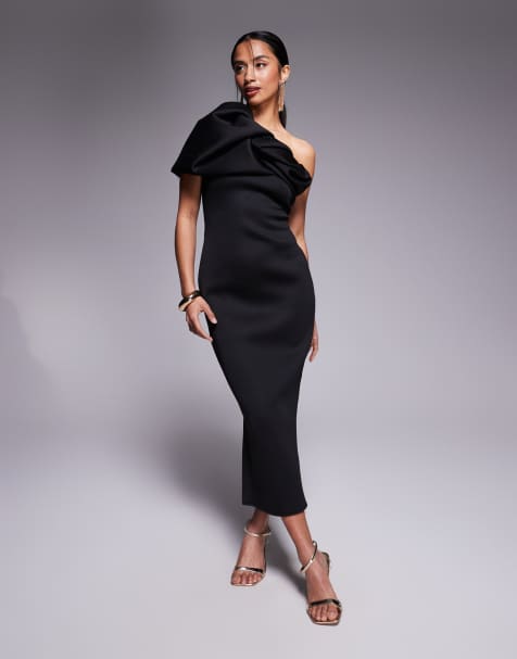 ASOS DESIGN Petite – Czarna sukienka midi z usztywnianej tkaniny nurek z bufkami i dekoltem bandeau - view 1
