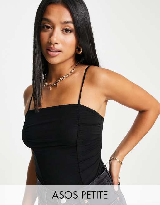 ASOS DESIGN Petite – Czarne marszczone body o kroju podkoszulka ze szwami