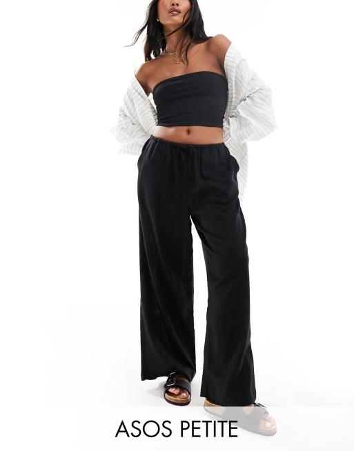 ASOS DESIGN Petite – Czarne wsuwane spodnie z szerokimi nogawkami i domieszką lnu