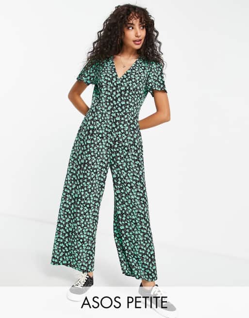 ASOS DESIGN Petite – Czarny kombinezon z krótkimi rękawami i kulotami w zielony kwiatowy wzór