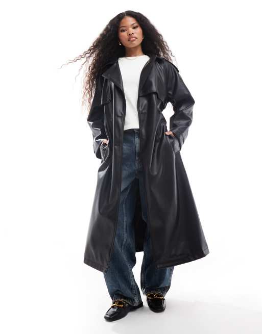 ASOS DESIGN Petite – Czarny trencz z imitacji skóry