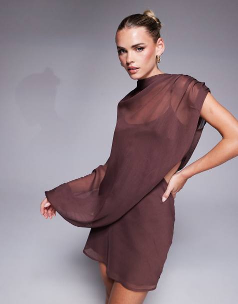 ASOS DESIGN Petite high neck draped asymmetric mini dress with cut out in chocolate