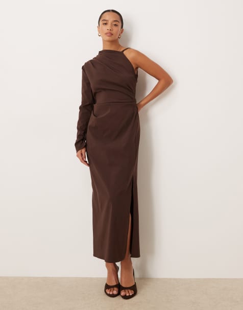 ASOS DESIGN Petite one shoulder draped midi dress in chocolate