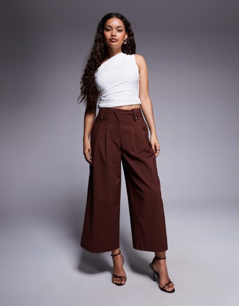 ASOS DESIGN Petite tailored cropped tab waist trousers in chocolate
