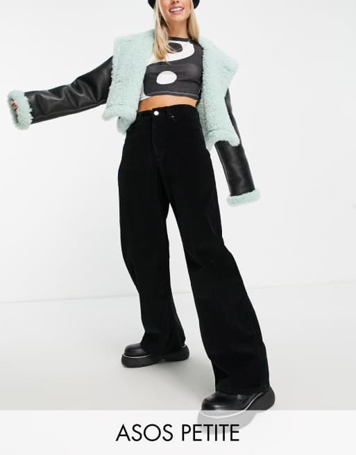 ASOS DESIGN Petite - Dad jeans comodi a vita alta in velluto a coste nero