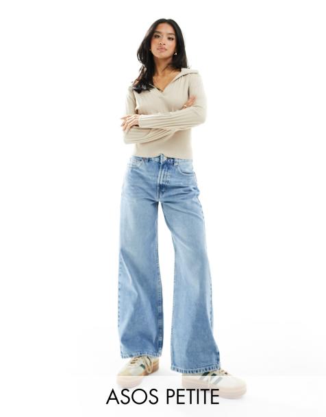ASOS DESIGN Petite - Dad jeans met wijde pijpen in blauw - view 1