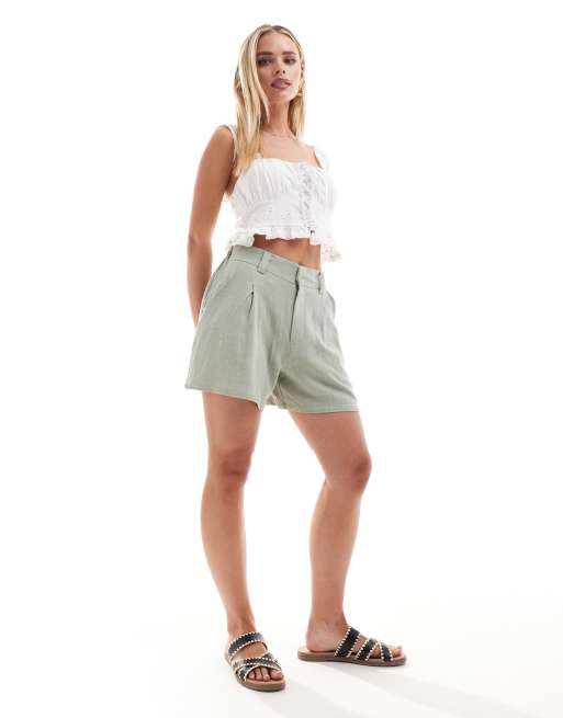 ASOS DESIGN Petite – Dad-Shorts in Olivgrün mit Leinenanteil, 4 von 5