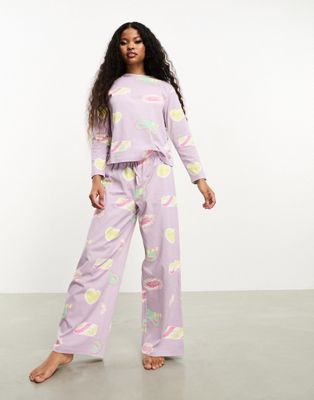 ASOS DESIGN Petite daydream long sleeve top & trouser pyjama set in lilac - ASOS Price Checker