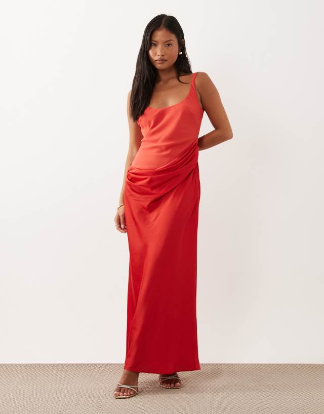 asos red asymmetric dress DESIGN Petite deep scoop neck maxi with draped skirt overlay in Design asymmetric