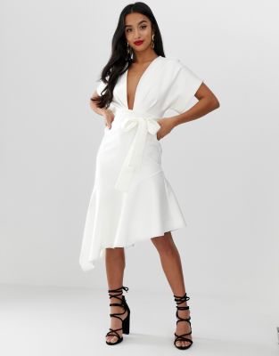 asos design deep v pep hem midi dress