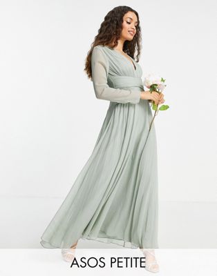 Robes DESIGN Petite - Demoiselle d'honneur - Robe longue à manches longues avec taille froncée et jupe plissée - Olive