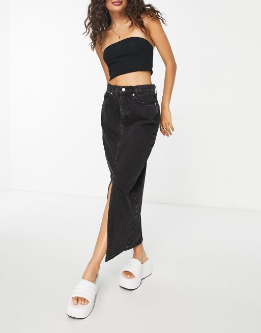 ASOS DESIGN Petite denim 90s maxi skirt in washed black BLACK