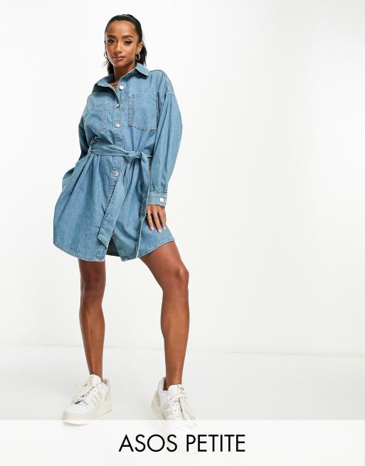 ASOS DESIGN Petite denim belted shirt dress in mid wash blue