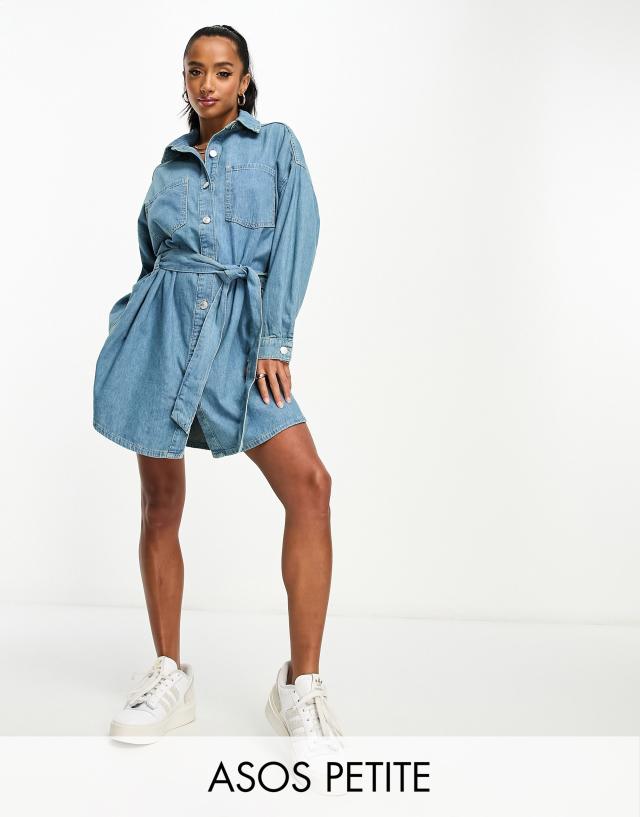 ASOS DESIGN Petite denim belted shirt dress in mid wash blue