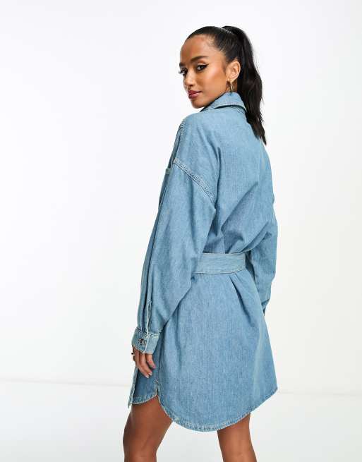 ASOS DESIGN Petite denim belted shirt dress in mid wash blue