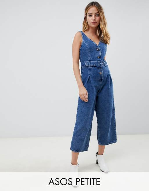 ASOS DESIGN Petite denim button through jumpsuit in midwash blue | ASOS