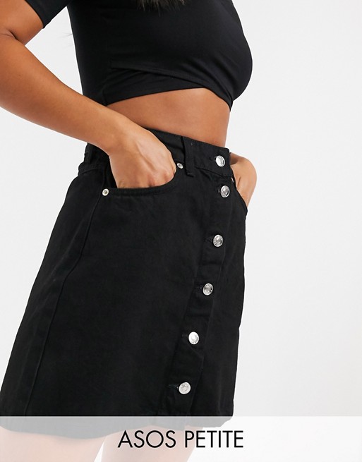 ASOS DESIGN Petite denim button through skirt in black