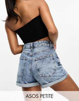 ASOS DESIGN Petite denim comfort mom shorts in mid wash blue