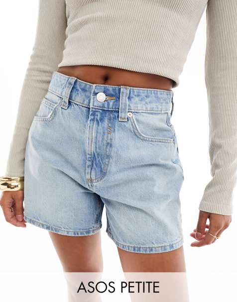 ASOS DESIGN Petite - Denim dad short in blauw met lichte wassing - view 1