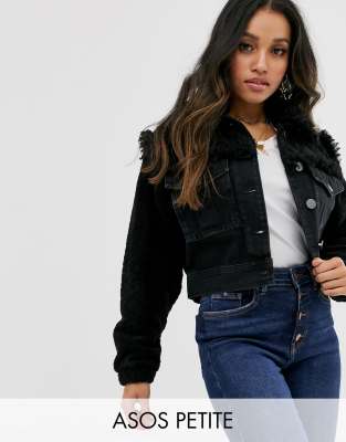 ASOS DESIGN Petite denim jacket with borg detail in black