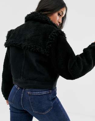 asos design borg lined denim jacket in black