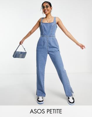 ASOS DESIGN Petite denim jumpsuit with puddle hem in midwash - ASOS Price Checker