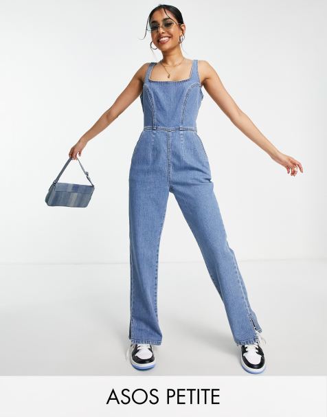 ASOS DESIGN Petite denim jumpsuit with puddle hem in midwash - view 1