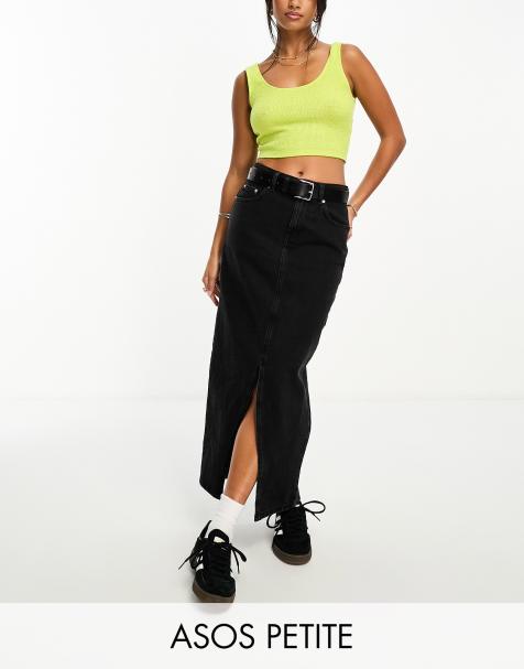 ASOS DESIGN Petite denim midi skirt with split hem in washed black - view 1