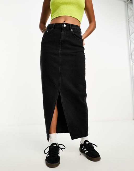 ASOS DESIGN Petite denim midi skirt with split hem in washed black