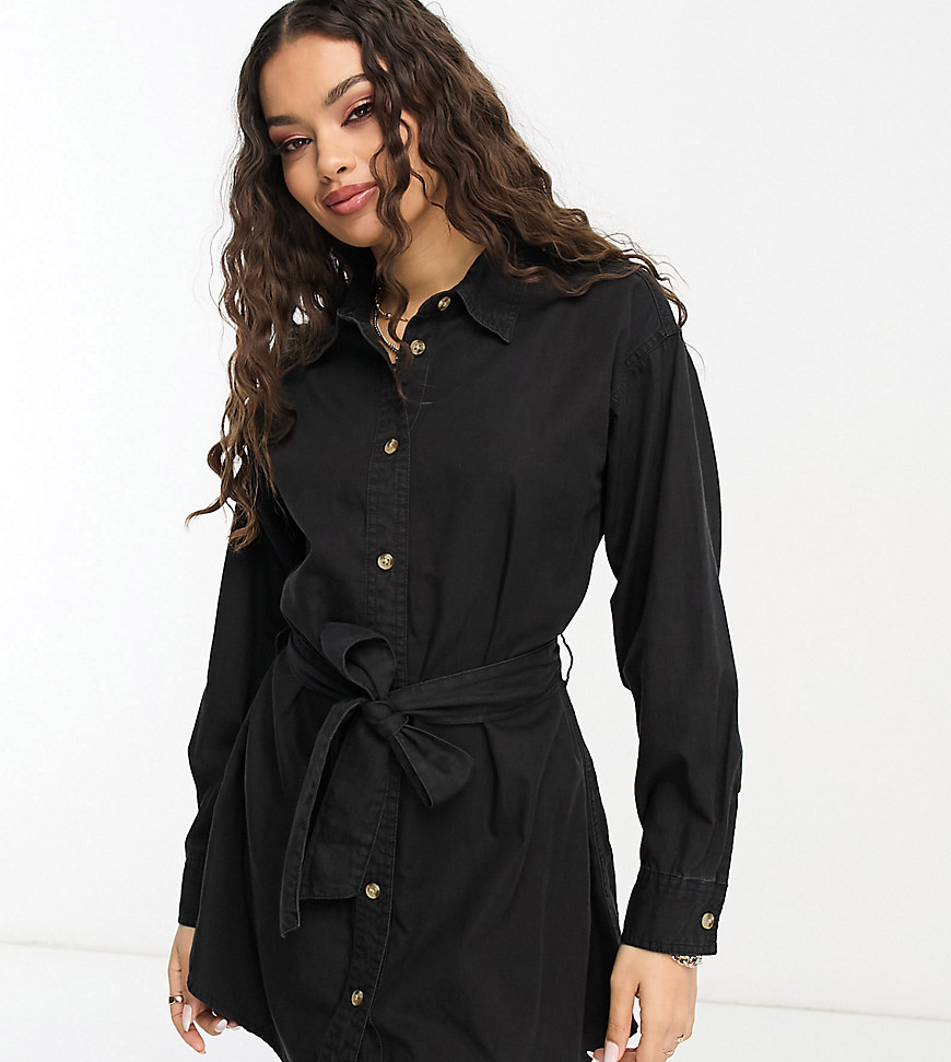 Asos Petite Asos Design Petite Denim Mini Dress With Belt In Black