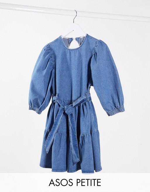 ASOS DESIGN Petite denim mini smock dress with self belt in mid wash blue