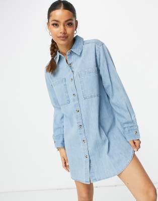 ASOS DESIGN Petite denim oversized shirt dress in midwash blue