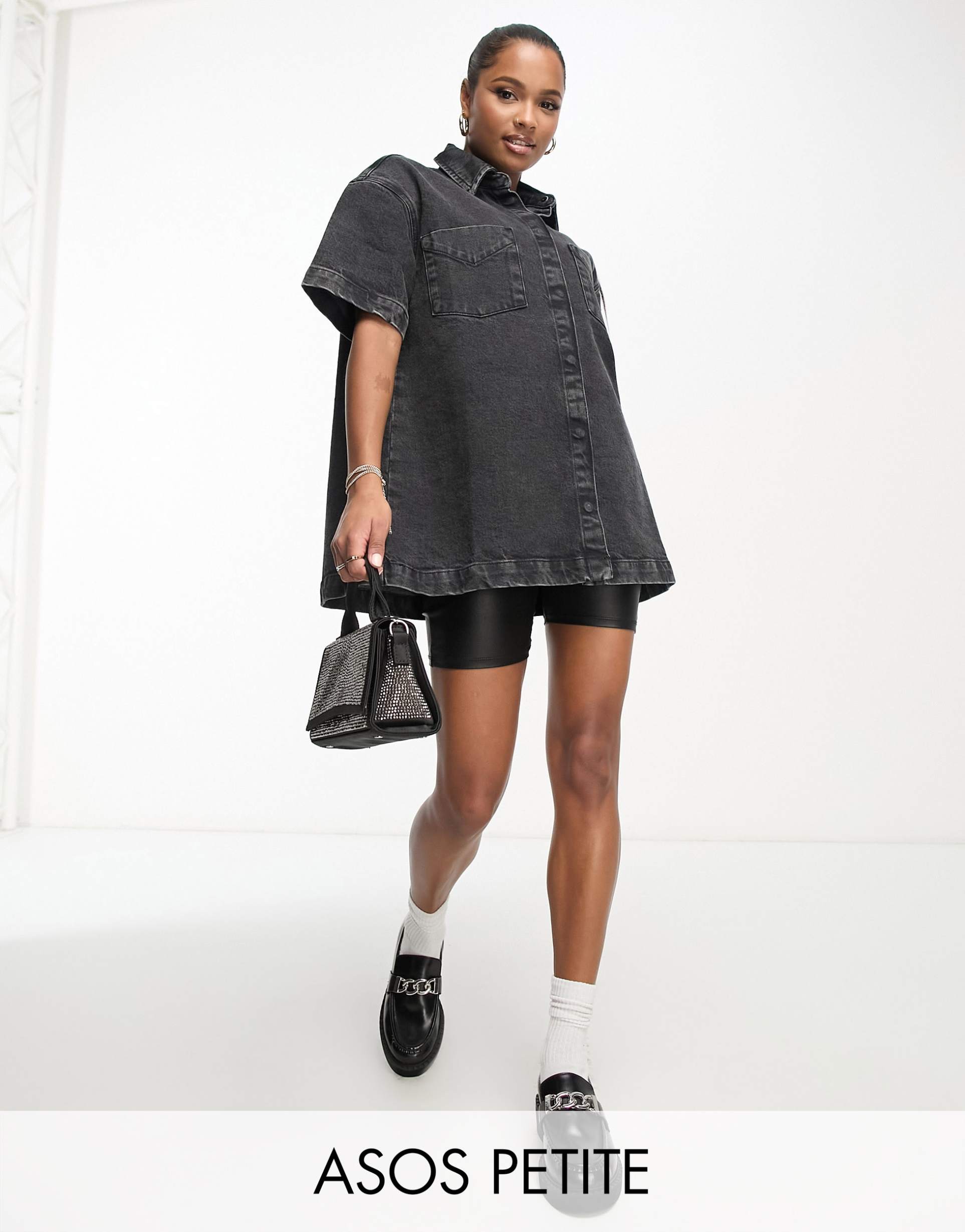 asos design petite denim short sleeve shirt dress in washed black