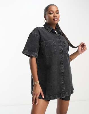 ASOS DESIGN Petite denim short sleeve shirt dress in washed black | ASOS