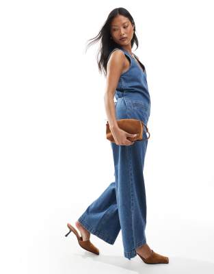Shop Asos Petite Asos Design Petite Denim Sleeveless Loose Jumpsuit