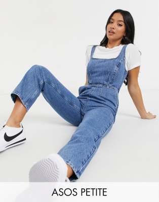 ASOS DESIGN Petite denim square neck fitted jumpsuit in midwash-Blue