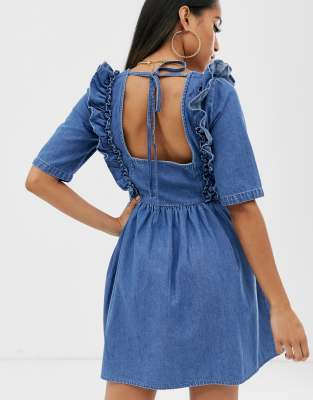 denim square neck dress