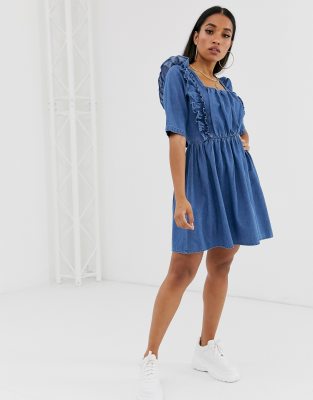 denim square neck dress