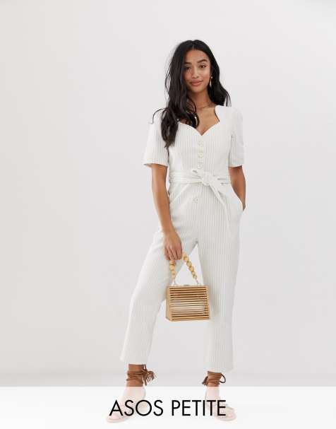 ASOS DESIGN Petite denim sweetheart neck puff sleeve jumpsuit in stripe