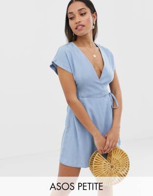 ASOS DESIGN Petite denim wrap dress in lightwash blue