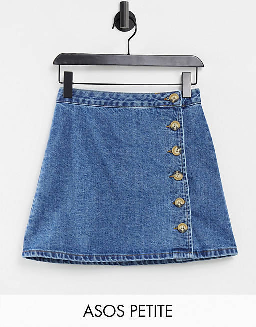 ASOS DESIGN Petite denim wrap skirt with side buttons in blue