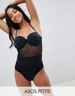 ASOS DESIGN Petite diamond mesh cupped swimsuit in bla-Black