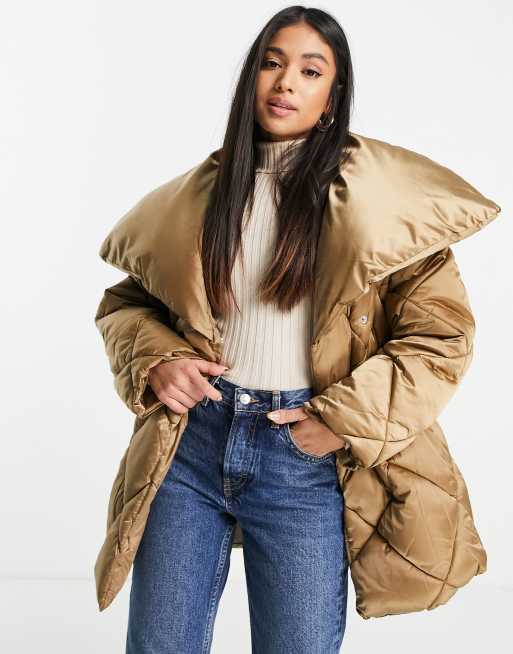 ASOS DESIGN Petite diamond waterfall belted puffer jacket in bronze