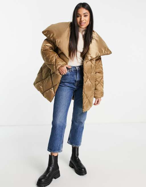 ASOS DESIGN Petite diamond waterfall belted puffer jacket in bronze