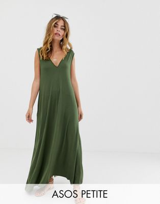 ASOS DESIGN - Petite - Diepuitgesneden lange jurk met A-ijn-Groen