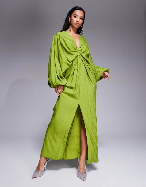 ASOS DESIGN Petite - Diepuitgesneden maxi jurk met elastiek en blousonmouwen in limoengroen - view 1